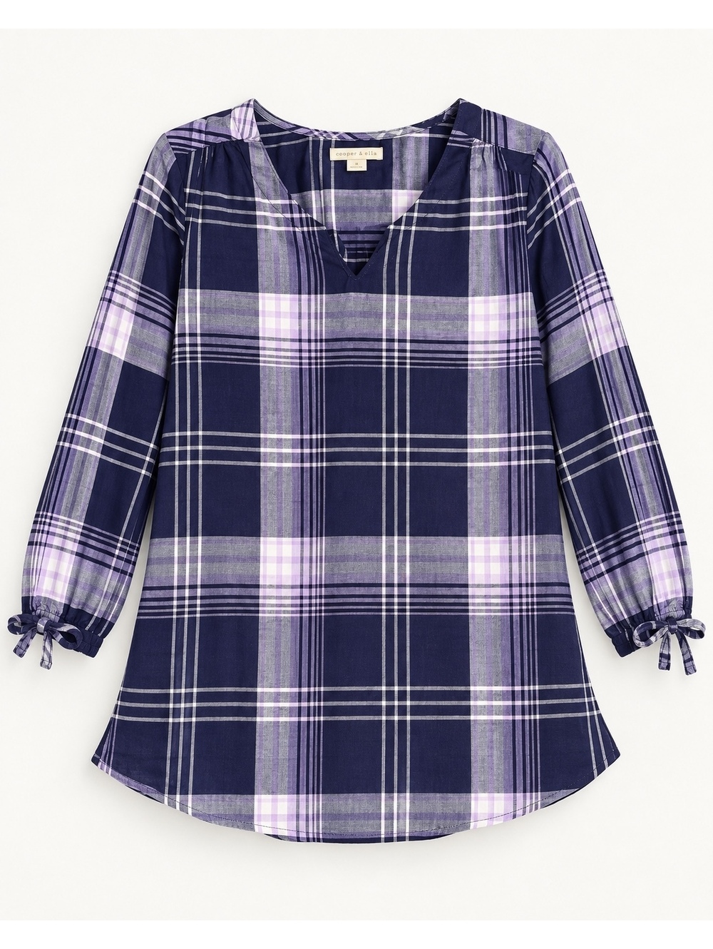 Cooper & Ella Women’s Small Navy Purple Plaid Long Sleeve Tunic Blouse